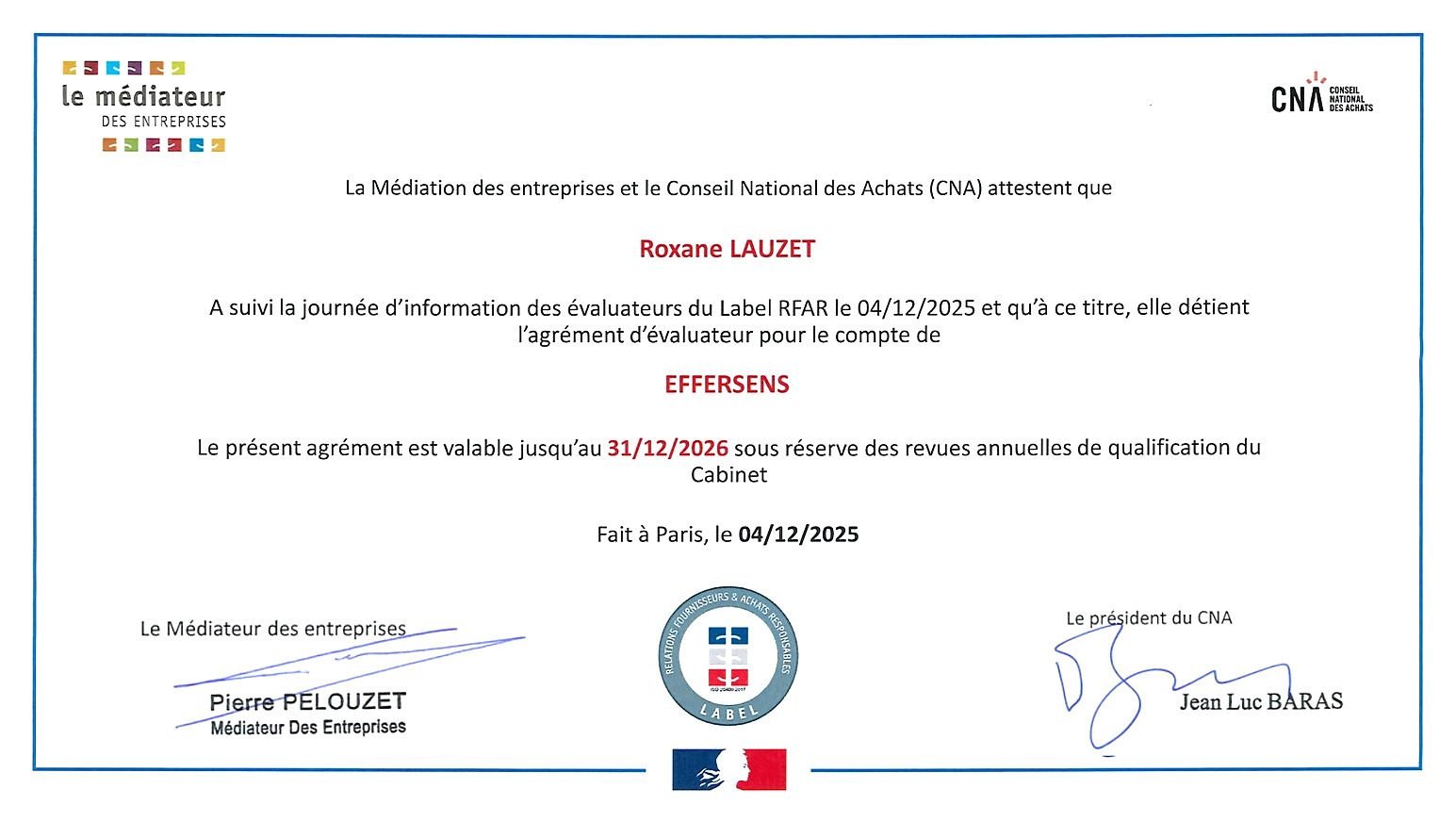 Agrément évaluateur de Roxane Lauzet pour le label RFAR