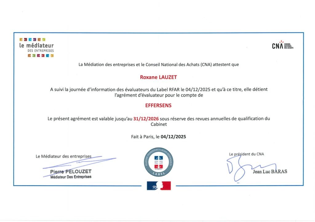 Agrément évaluateur Roxane Lauzet - Label Relations Fournisseurs et Achats Responsables (RFAR)